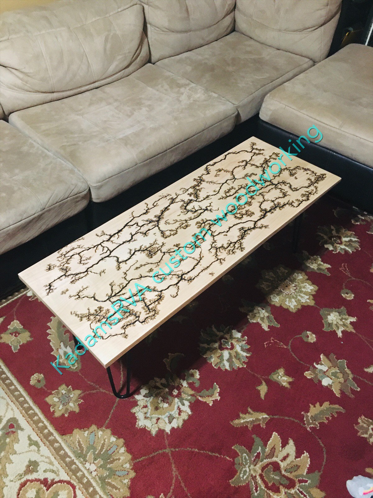 Fractal wood burn coffee table, coffee table, solid wood coffee table