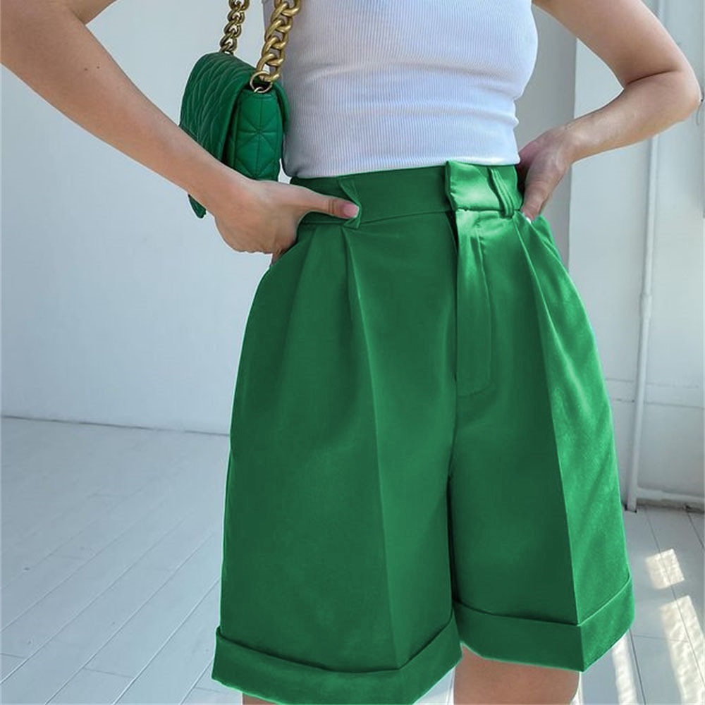 New green high waist classic women long bermuda shorts spring summer