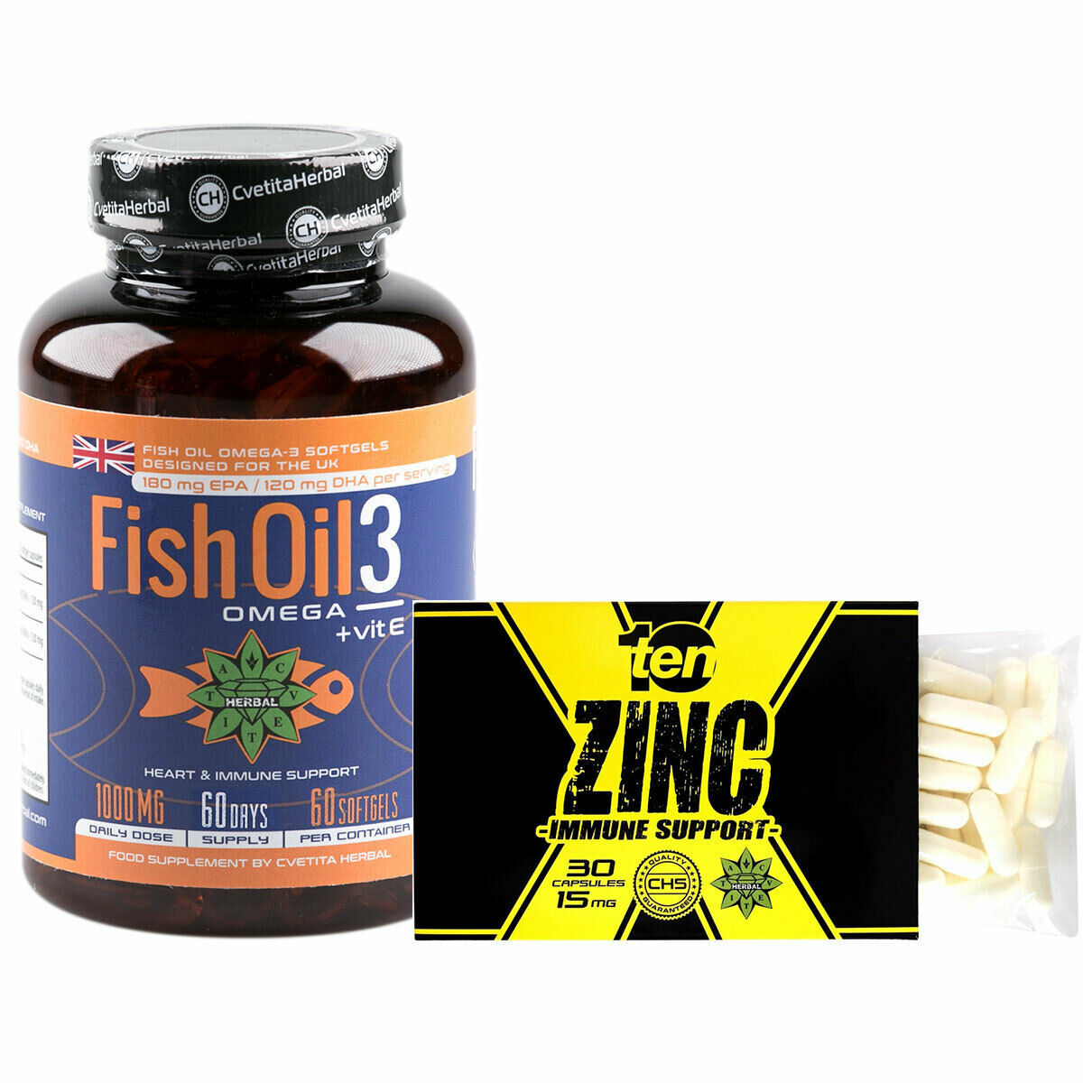 30 Caps TEN Zinc Citrate Box Immune Fish Oil 60 Caps