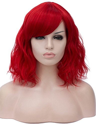 Topwigy Red Cosplay Wig Medium Length Side Part Bang Curly Body Wave Colorful He Wigs And Facial 