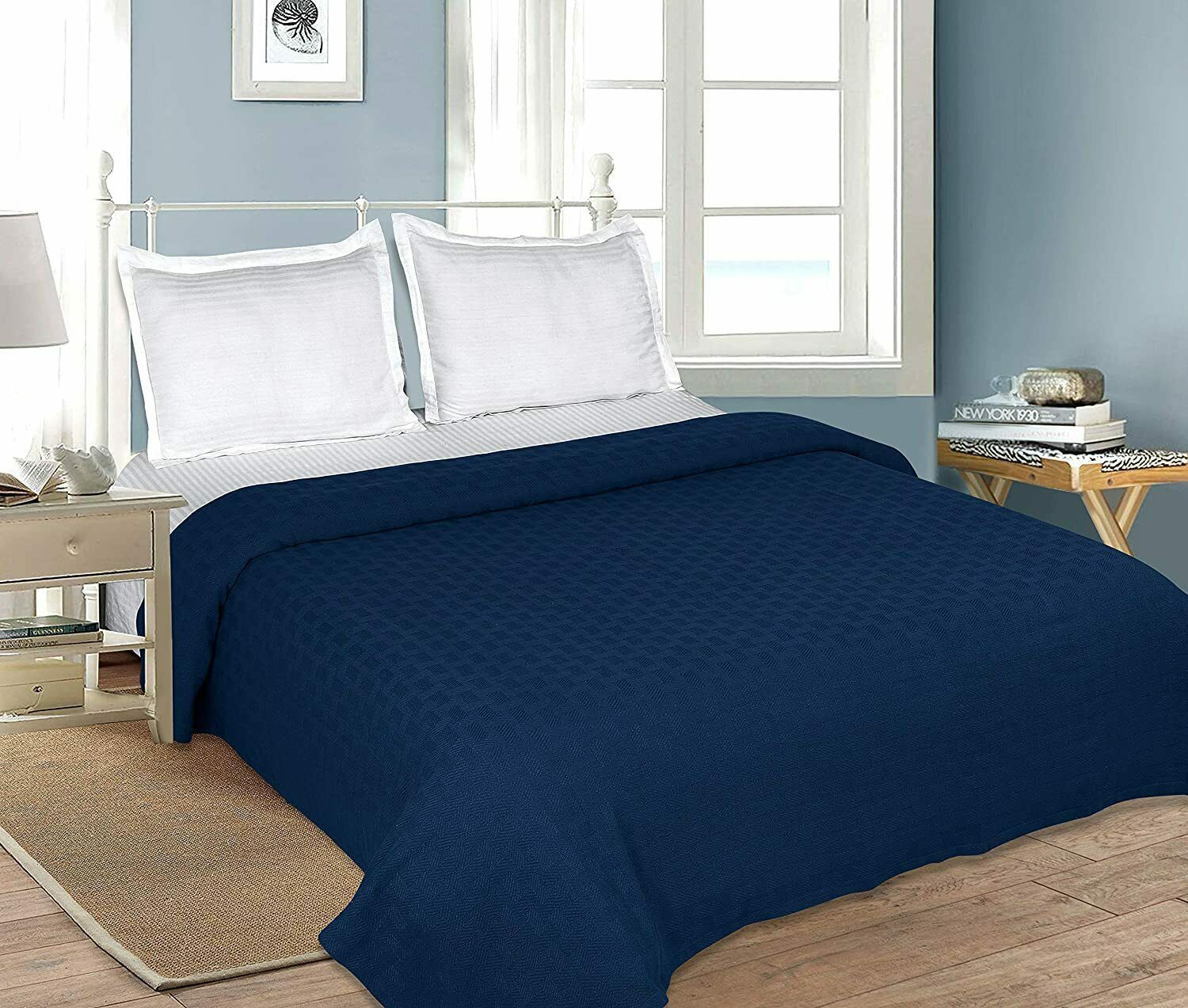 Queen Blanket Cotton Thermal Woven Navy Blue 90" x 90" Breathable
