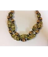 Yellow Leopard Necklace Vintage Beaded Gold Metal Rhinestone 2 Strand Un... - $55.00