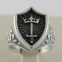 SOLID 925 BURNISHED SILVER BAND MEDIEVAL CROWN RING, SWORD ARMS, MADE IN ITALY image 1