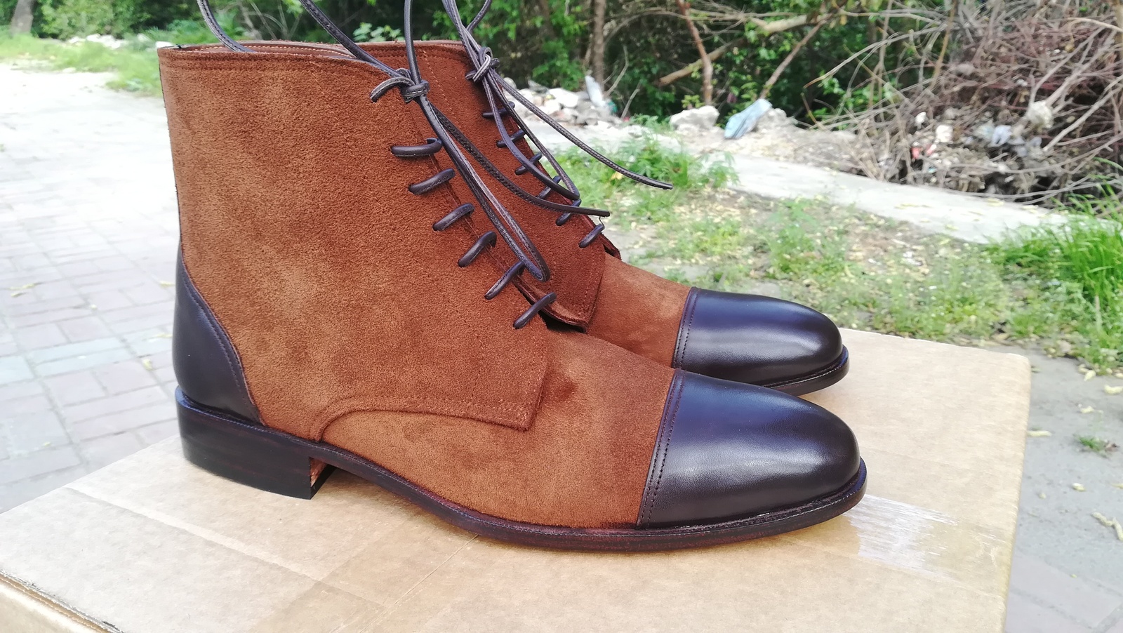 Handmade Mens Brown Leather Suede Cap Toe Lace Up Boots, Men Ankle Fashion Boots