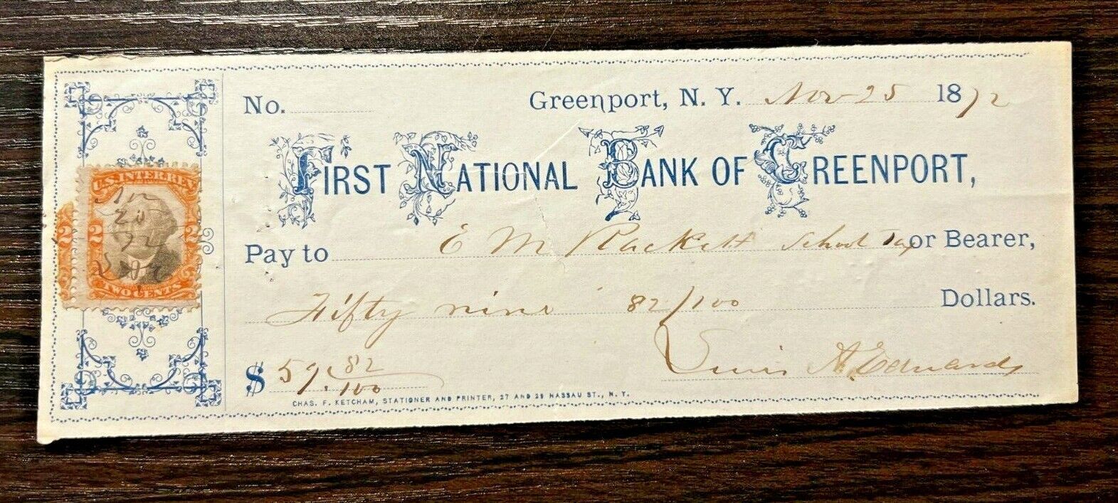 1872 First National Bank of Greenport NY Cancelled Check with Revenue ...