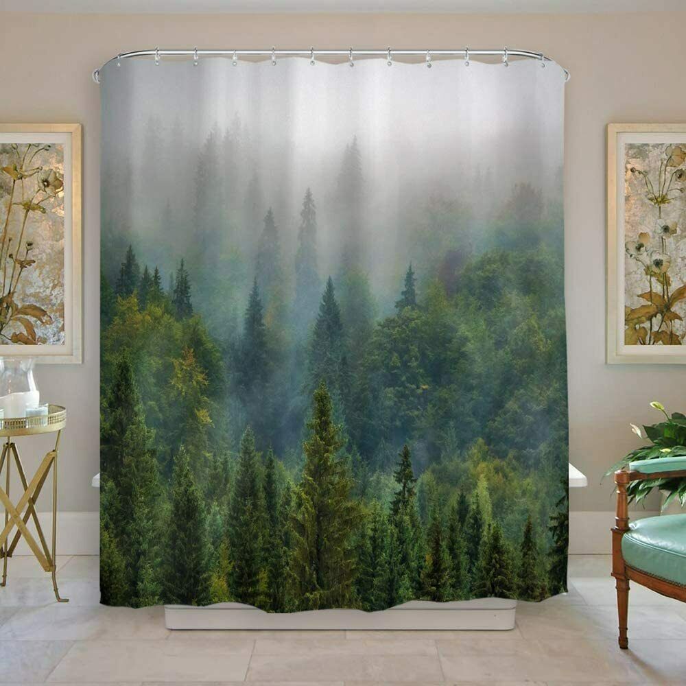 Green Gray Mist Pine Tree Forest Landscape Mountain Nature Fabric ...