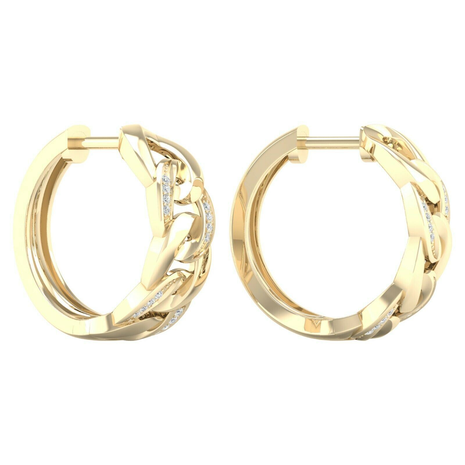 10k Yellow Gold 0.08Ct TDW Diamond Cuban Links Hoop Earrings Diamond