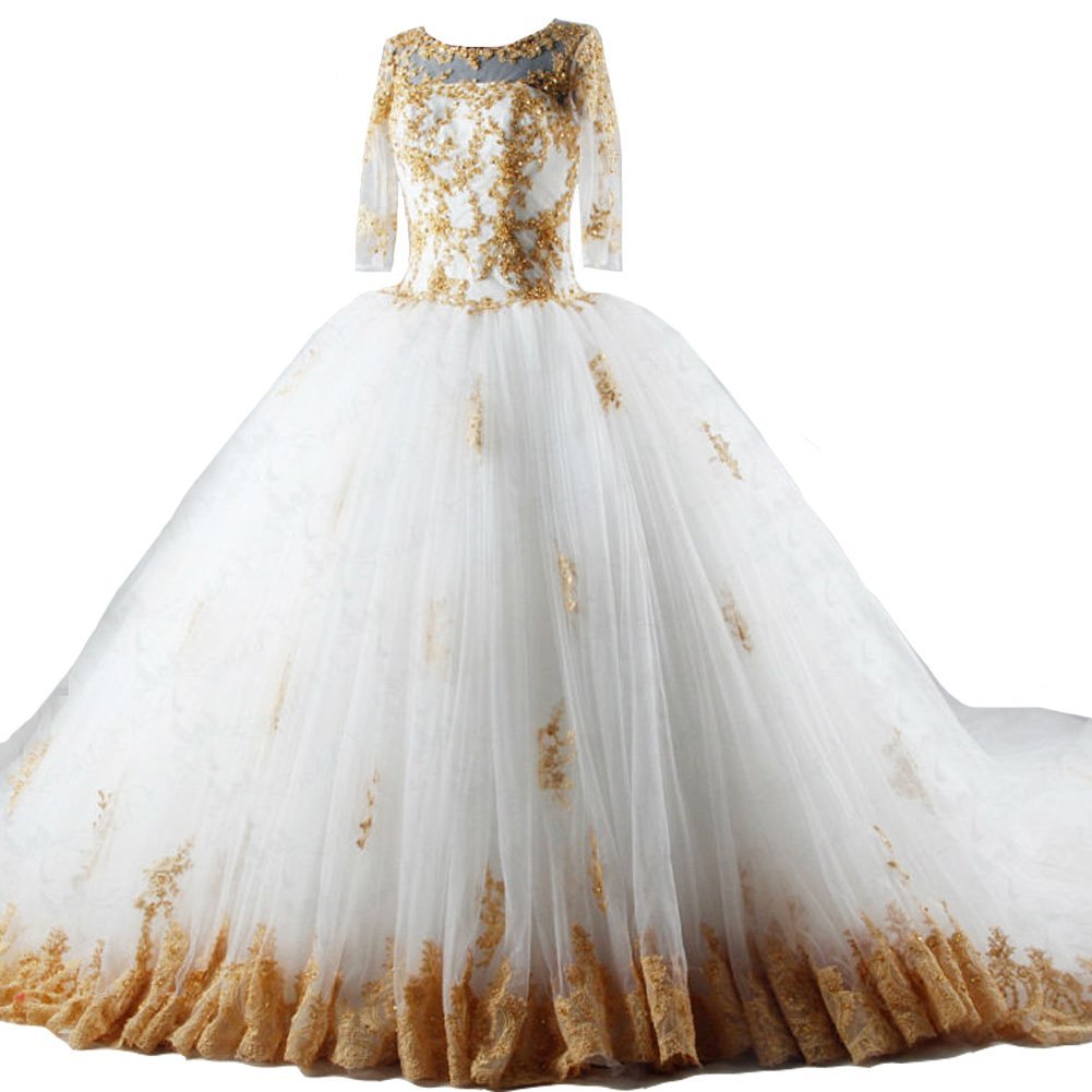 Kivary White and Gold Lace Plus Size Vintage Sheer 1/2 Sleeves Wedding Dresses U