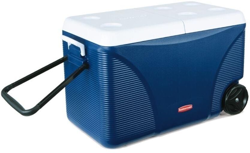 Rubbermaid Chest Cooler 75 qt Blue Rolling Wheels Split Lid Thick