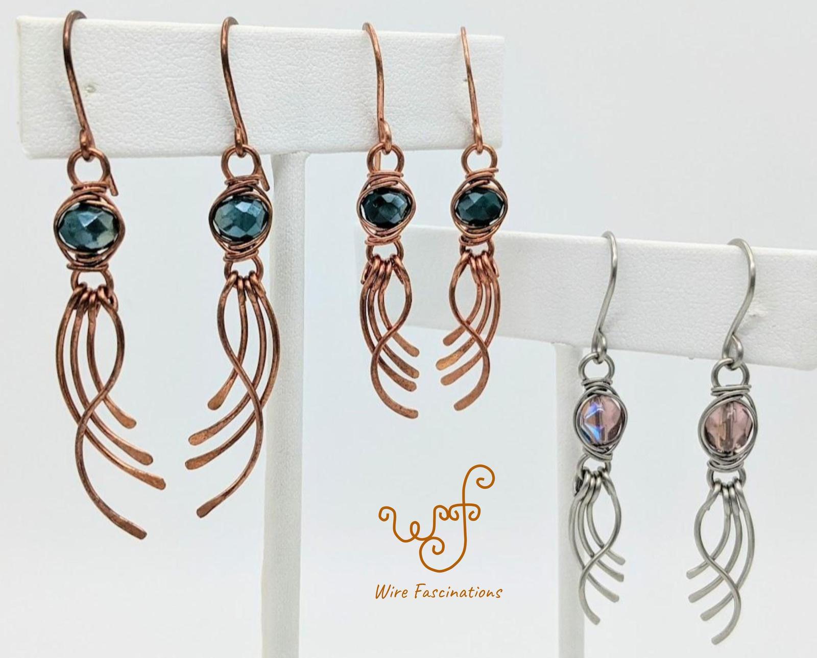 Handmade Copper Earrings Wire Wrapped Czech Glass with Curving Dangles