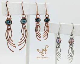 Handmade Copper Earrings Wire Wrapped Czech Glass with Curving Dangles - $26.00