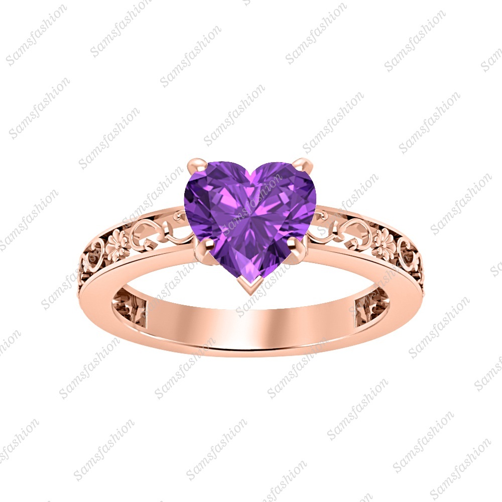 Solitaire Heart Shaped Amethyst 14K Rose Gp 925 Silver Women's Engagement Ring