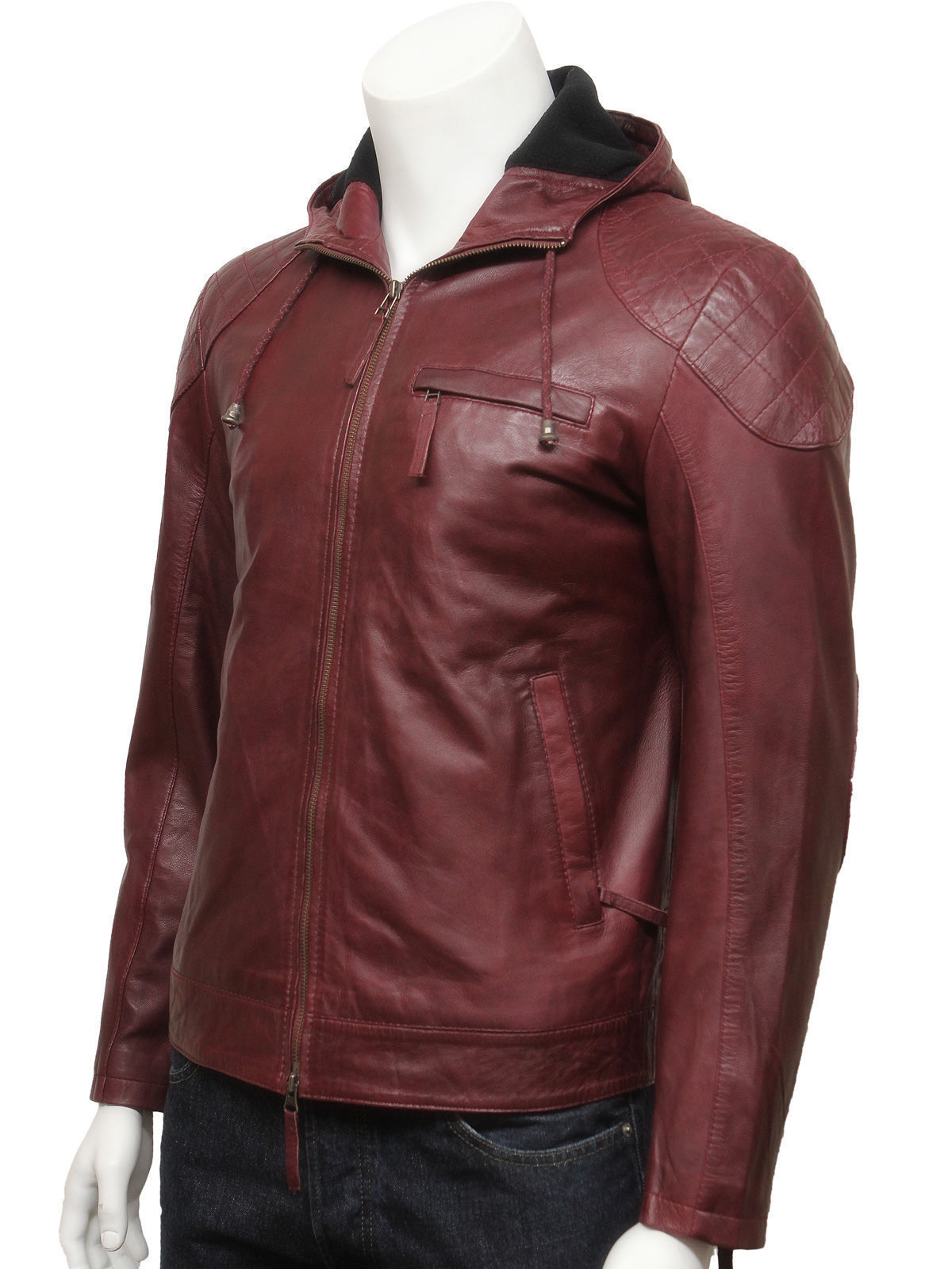 Men Leather Jacket Burgundy Biker Hood Slim Motorcycle Jacket Size S M