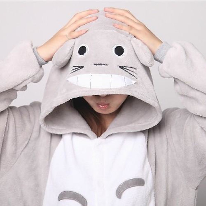 Adults' Kigurumi Pajamas Cat Totoro Onesie Pajamas Coral fleece Gray Cosplay For