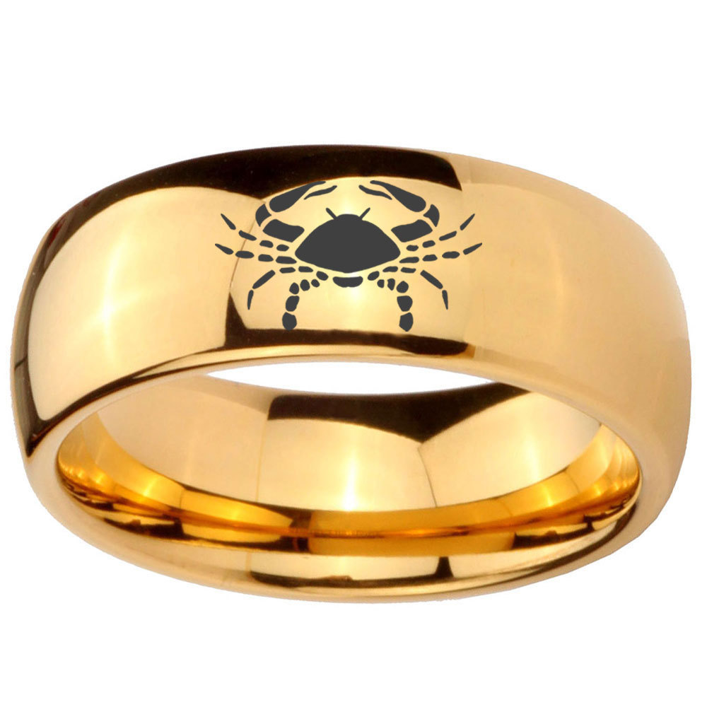 8mm Cancer Zodiac Horoscope Dome Gold Tungsten Carbide Mens Ring