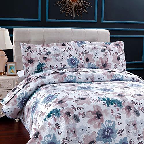 Pink Blue Floral Quilt Set Full/Queen Size Flower Bedding Set ...