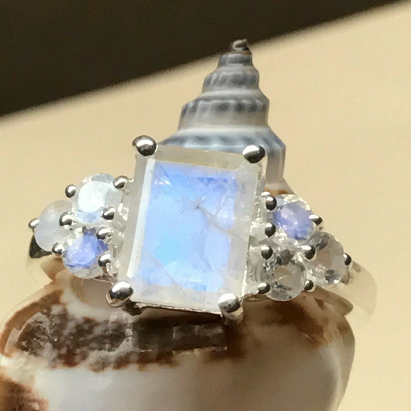 Genuine Emerald Cut Rainbow Moonstone 925 Solid Sterling Silver Estate