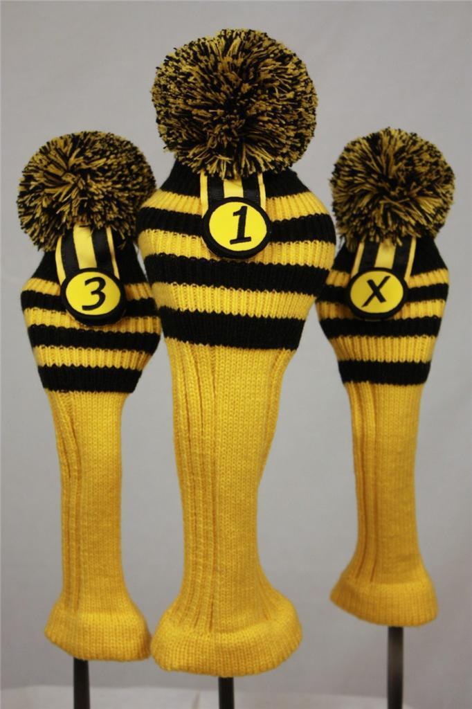 Black Yellow Golf pom 1 3 X head cover Set Bumble Bee Sock headcovers headcover Golf Accessories