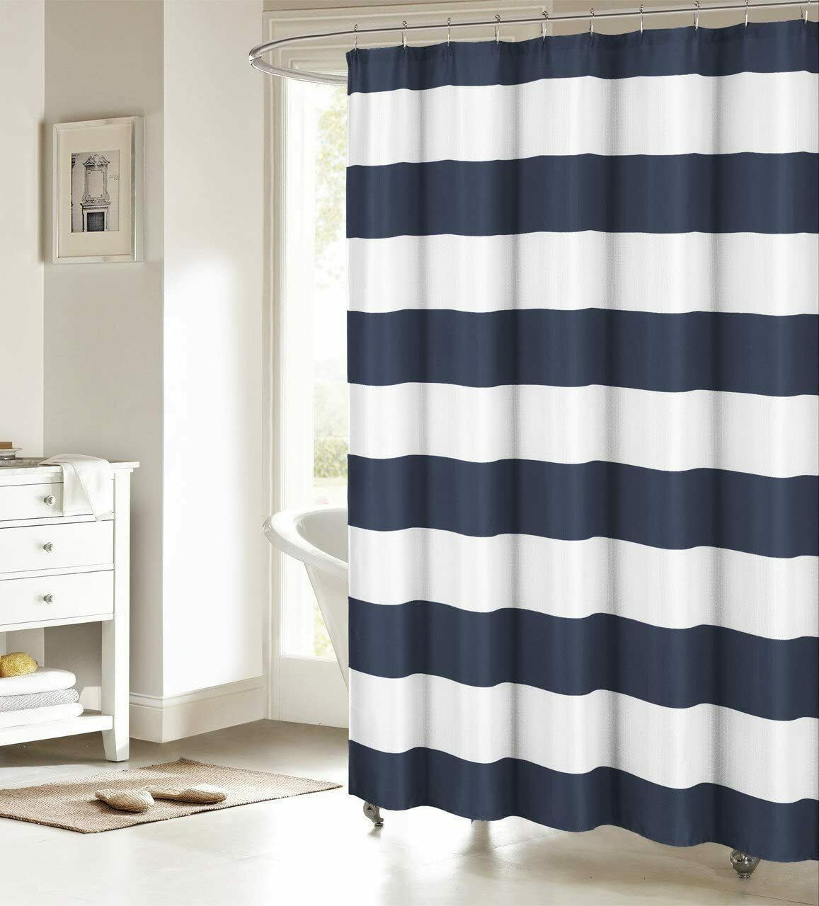 Navy Blue White Horizontal Stripes Nautical Farmhouse Fabric Shower