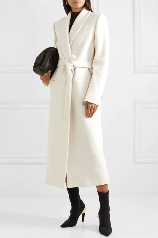 New white classic warm woolen long women coat with wool belt autumn winter