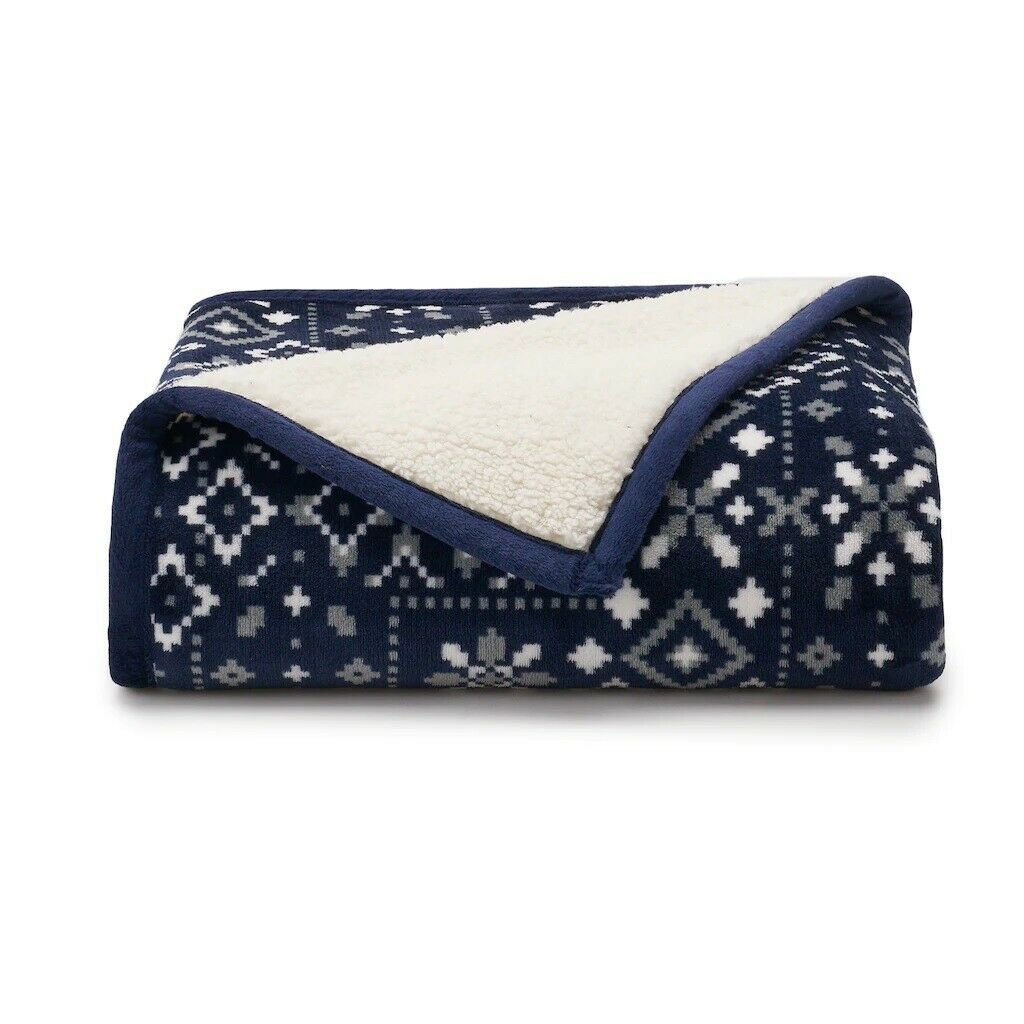 Primary image for Cuddl Duds Navy Fair Isle PLUSH Faux Sherpa Throw Blanket