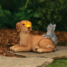 Solar Powered Lounging Dog w/ Cat And Lighted Butterfly Garden Statue - $81.99