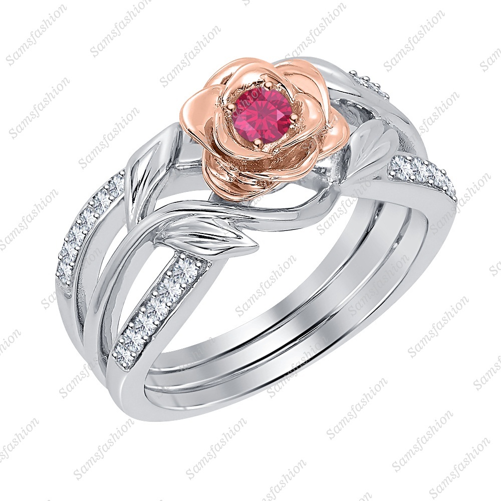 Round Cut Ruby & Diamond 14K Two Tone Gold Over Disney Belles Twining Rose Ring