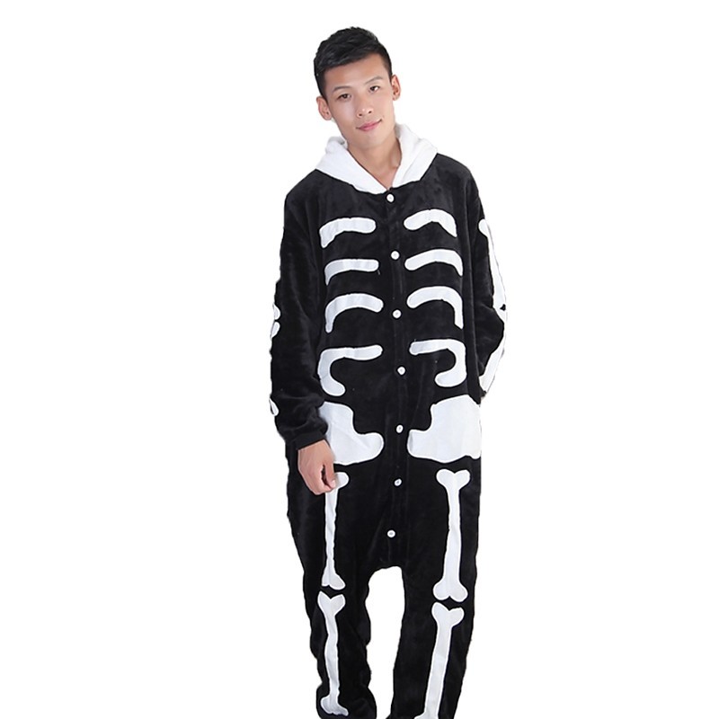 Unbranded - Adults' kigurumi pajamas skeleton ghost onesie pajamas flannel fabric black / wh