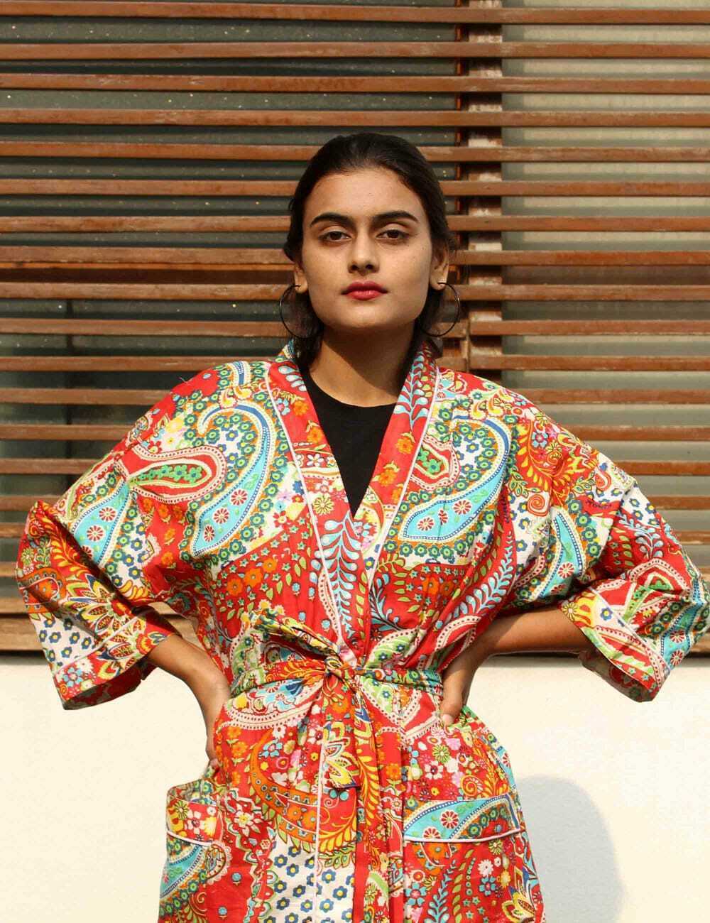 Paisley Print Kimono & Gown Long Size Cotton Bath Robe Indian Handmade Sleepwear