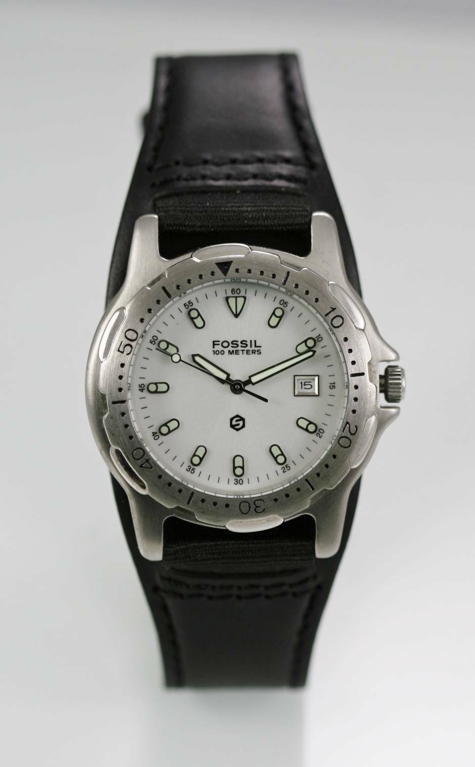 fossil black and silver watch