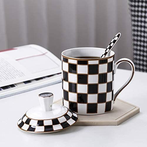 Checker Pattern Mug Set of 2 with Lid and Spoon, 15oz, Matching Checker