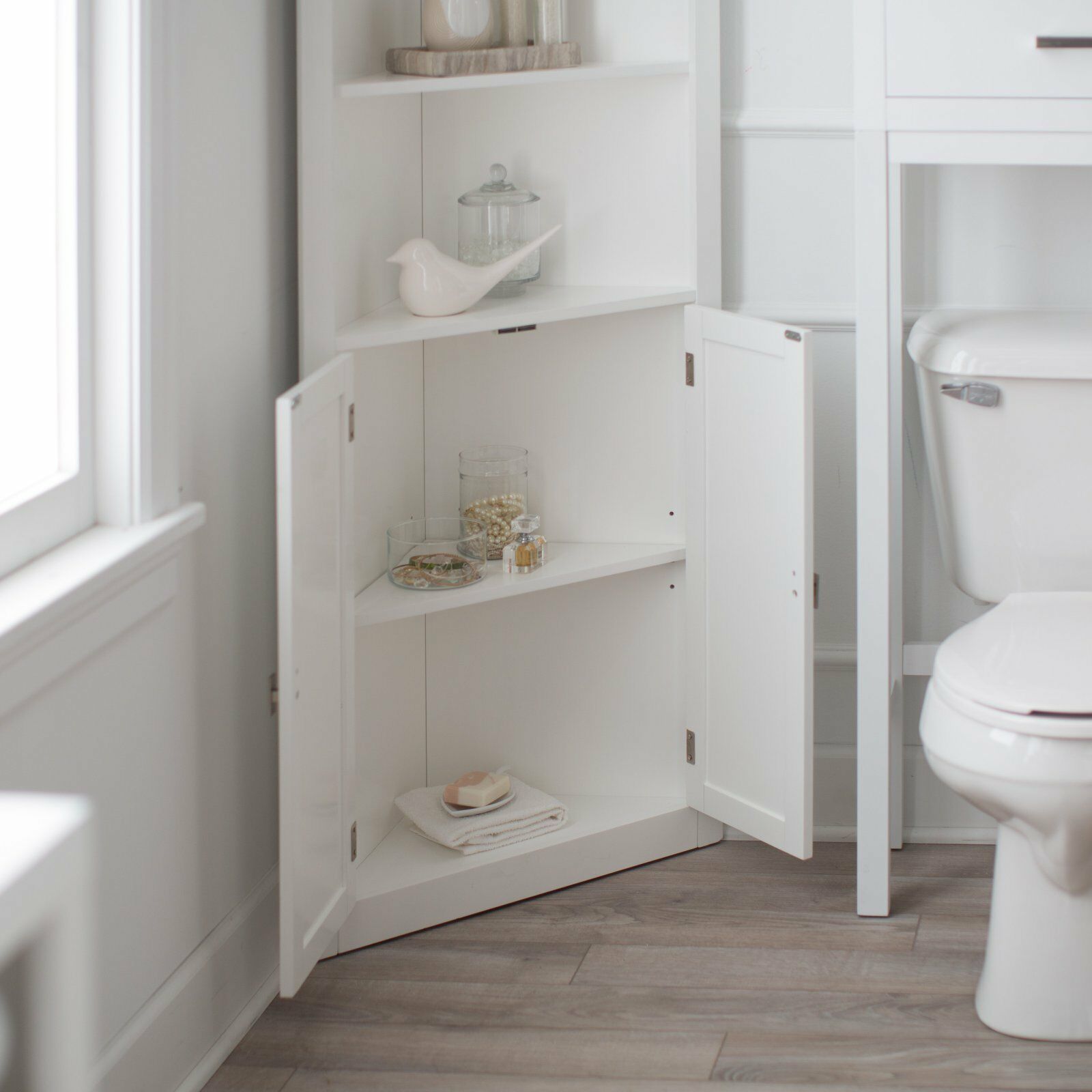 Classic White Freestanding Bathroom Corner Storage Linen