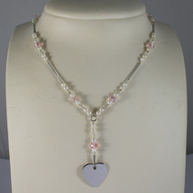 .925 RHODIUM NECKLACE WITH PINK CRYSTALS, WHITE PEARLS AND HEART - $56.70