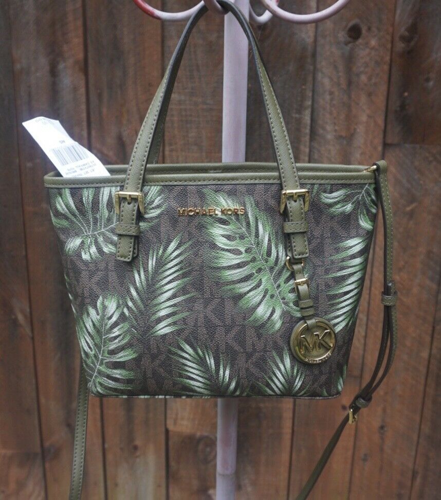 Michael Kors Carryall Tote Bag Jet Set Travel Signature Palm Tree Brown