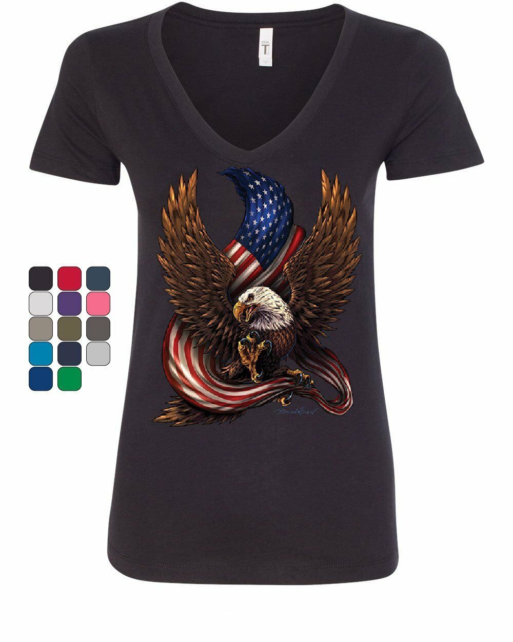 USA Stars and Stripes Women's V-Neck T-Shirt Patriot American Pride Bald Eagle