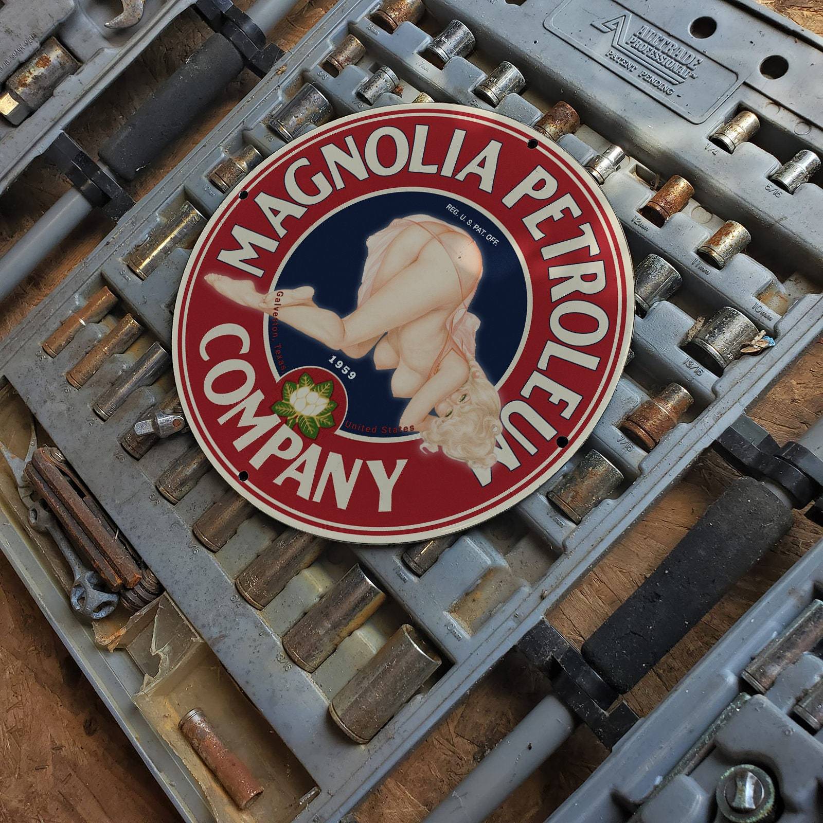 Vintage 1959 Magnolia Petroleum Company Porcelain Gas & Oil Metal Sign 193069