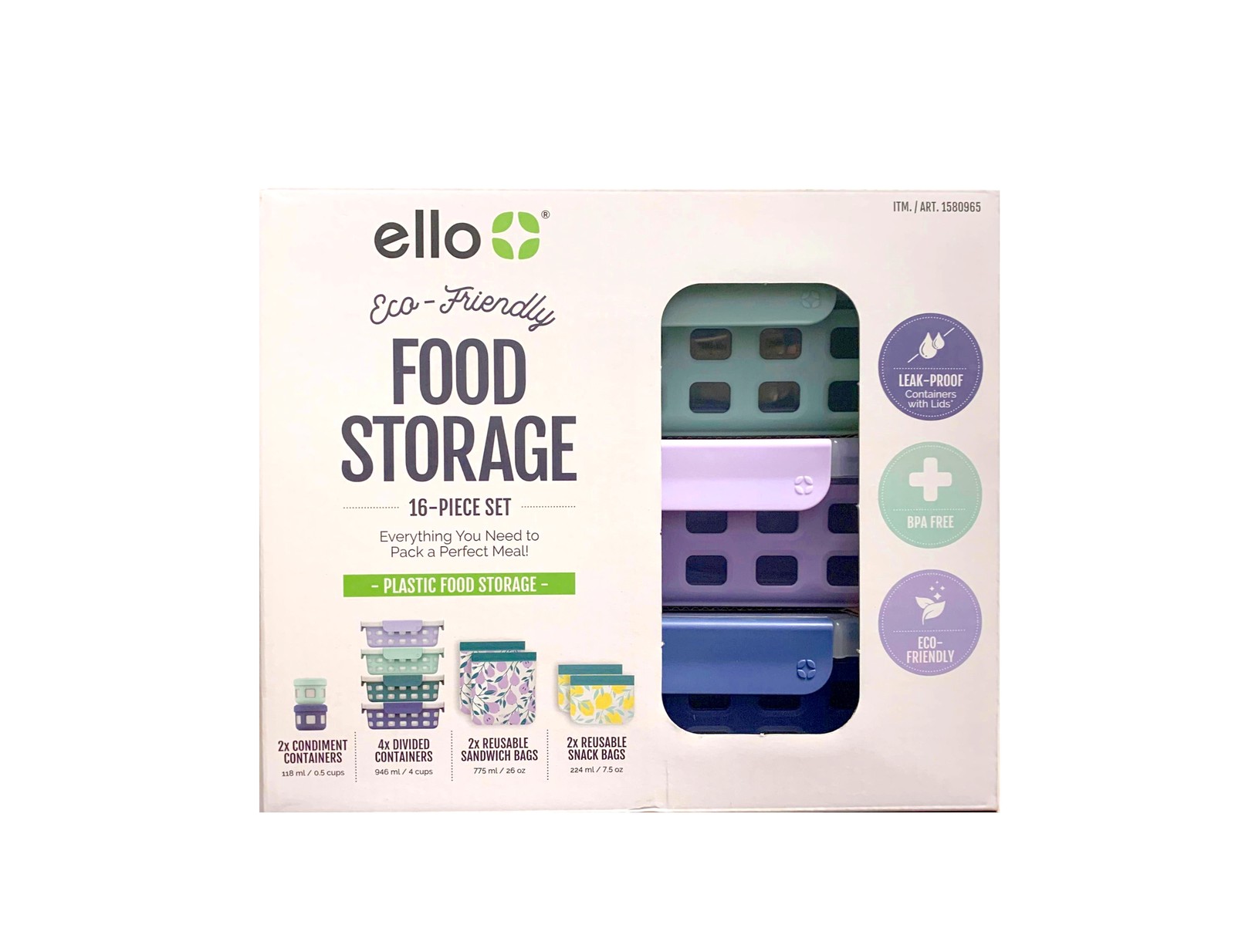 Ello Food Storage Set Lunch Container Set 16Pc w/2 Reusable Sandwich