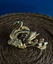 Avon Gold Tone Mother & Baby Swan Brooch with Crystal Accent - $17.81