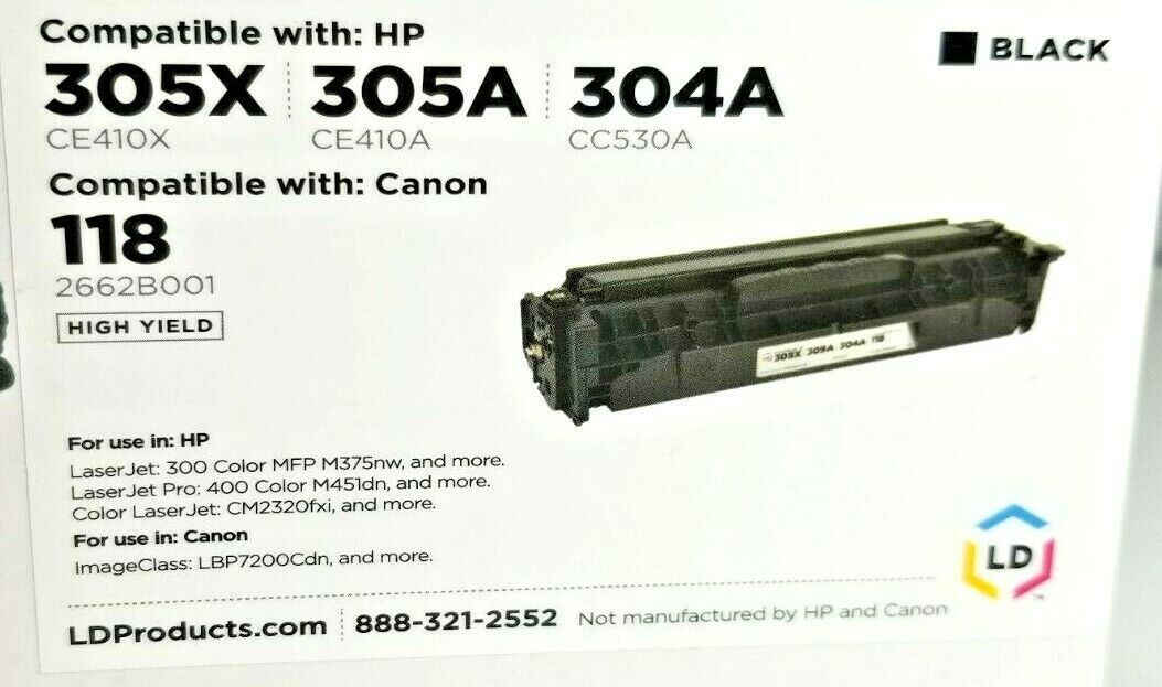 LD Toner Cartridge 305X, CE410X, 305A, CE410A, 304A, CC530A Cannon 118 BLACK