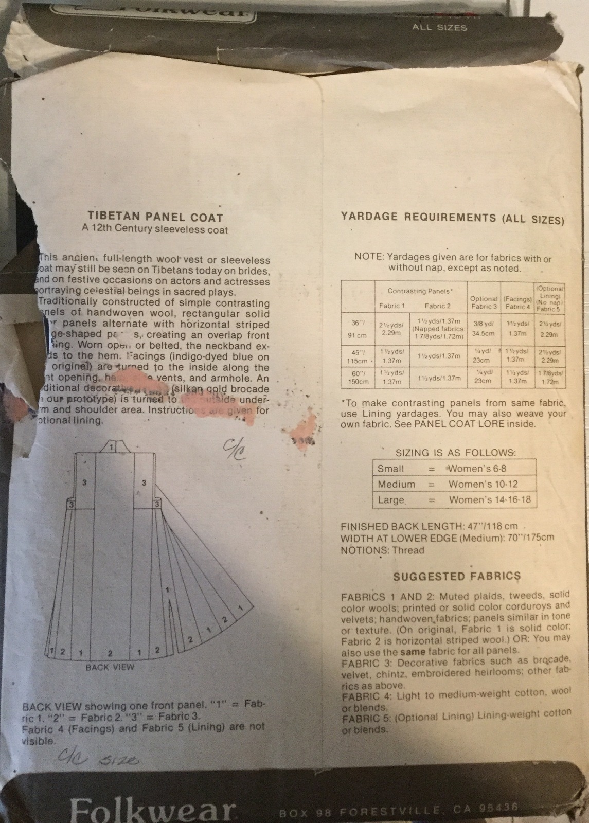 Folkwear Ethnic 118 Misses' Tibetan Panel Coat Sizes S,M,L Cut Sewing