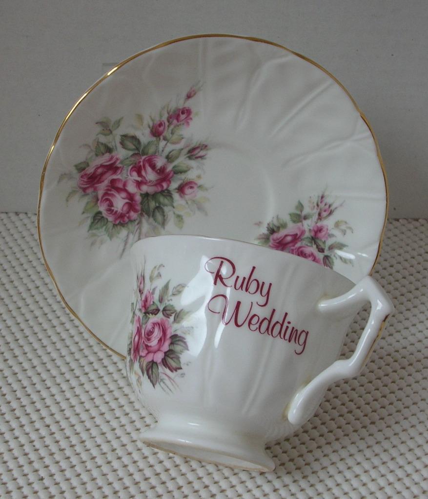 HARLEIGH Bone China TEA CUP & SAUCER RUBY 40th WEDDING ANNINVERSARY