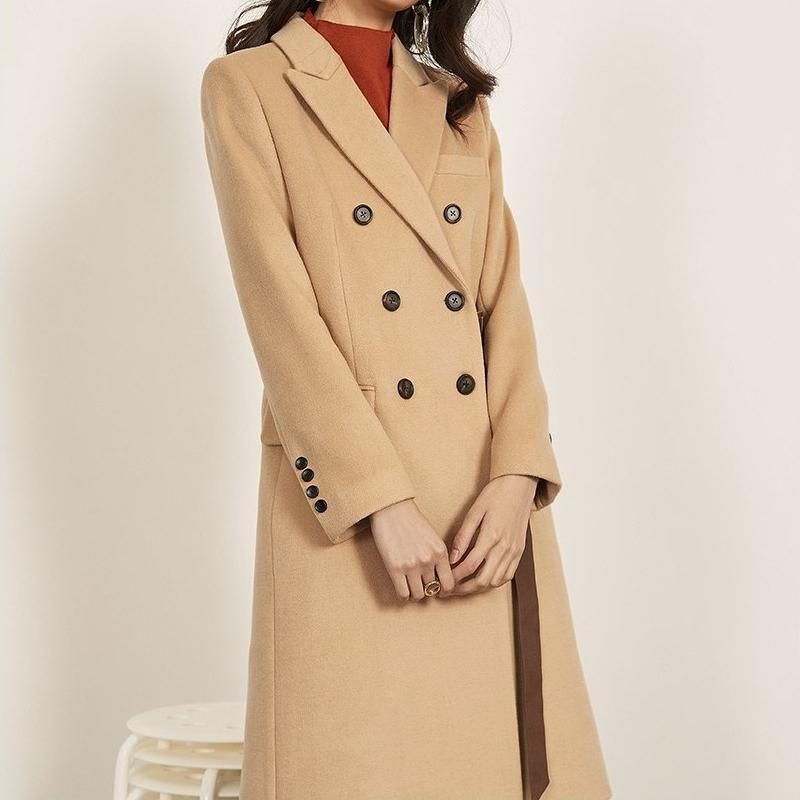 New camel double breasted women coat wool cashmere overcoat fall autumn