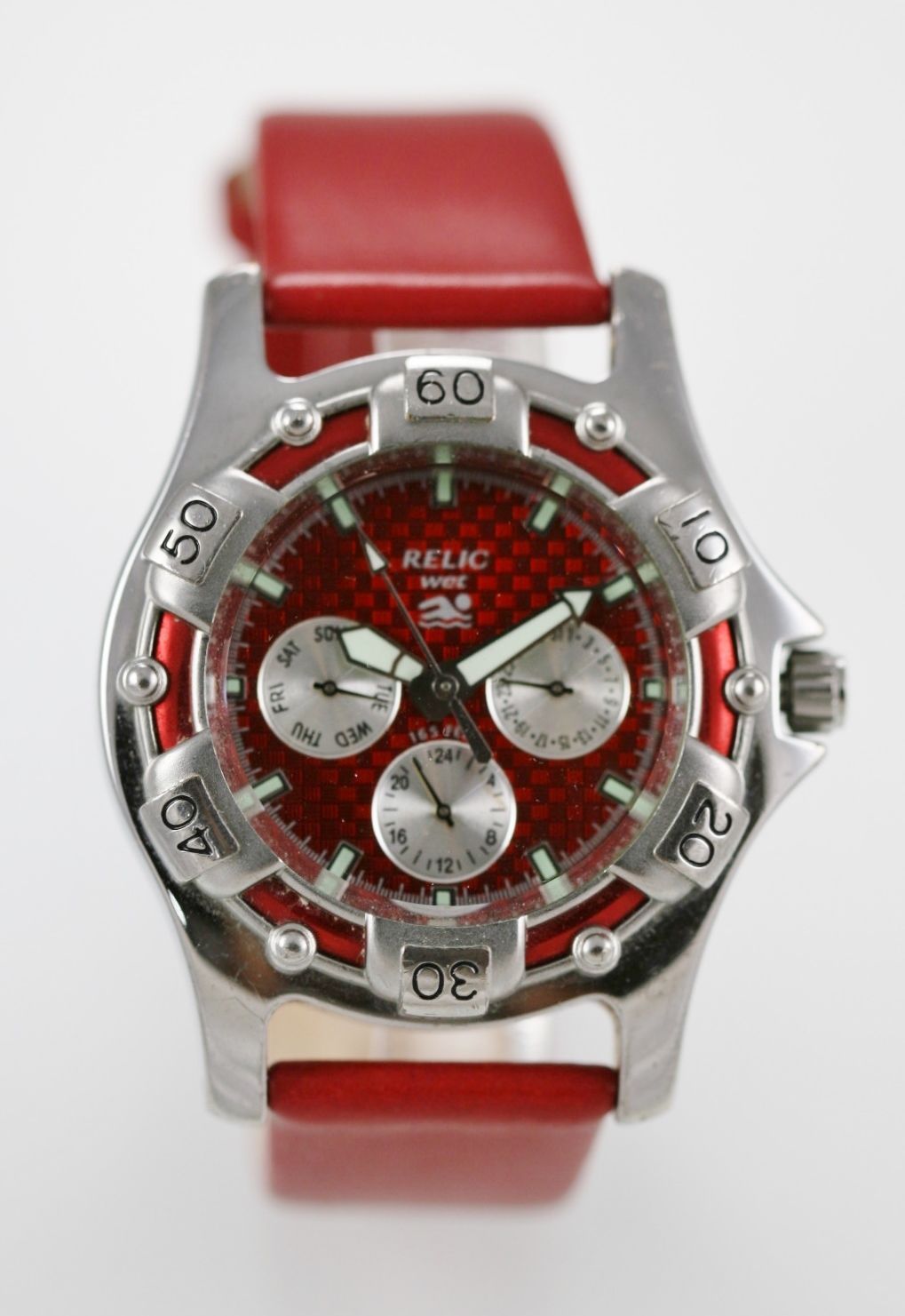 Relic Wet Watch Mens Leather Red 24hr Day Date Stainless Steel Silver