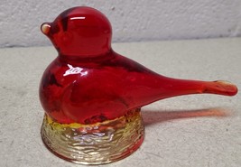 VINTAGE KANAWHA RED GLASS BIRD ON A NEST HANDCRAFTED GLASSWARE 3"H x 5" L