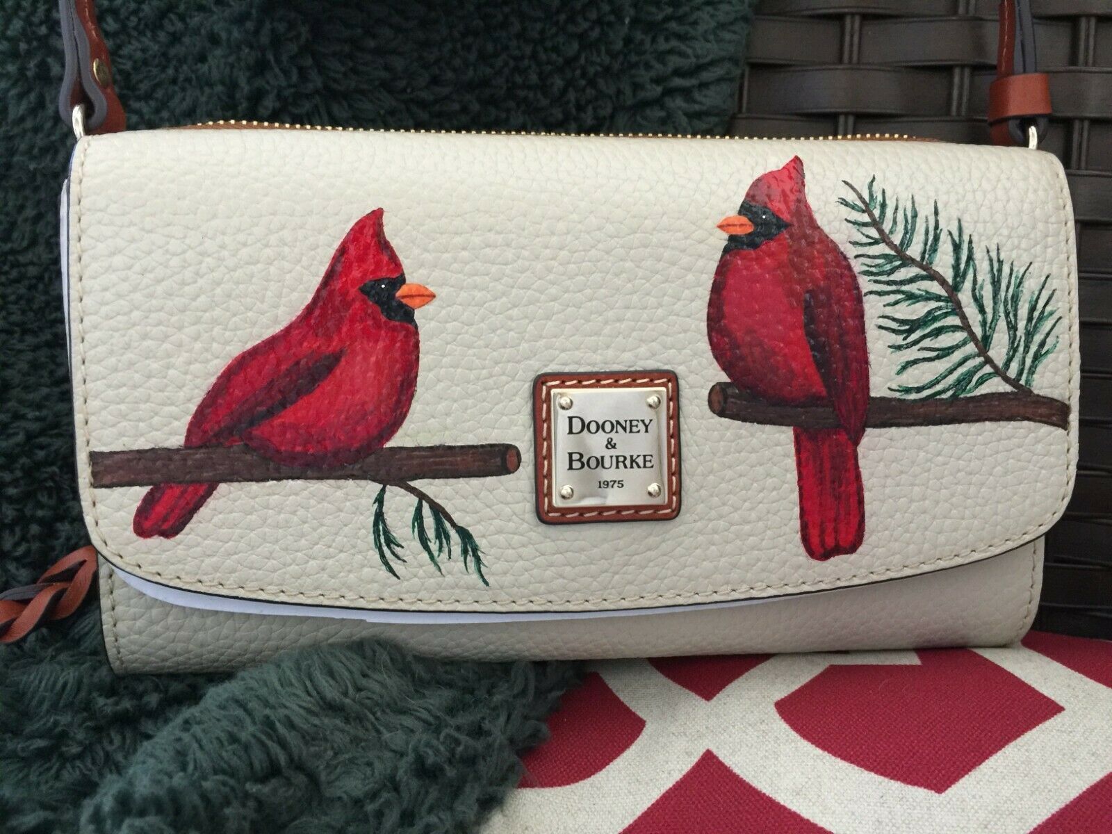 Primary image for Dooney and Bourke Clutch Wallet, Hand Painted Red Cardinals, Christmas Gift