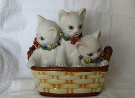 Vintage Made In Italy Ceramic Hand Painted 3 Cats In A Basket Bank Figurine - $67.50
