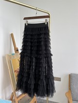 Black Tiered Tulle Maxi Skirts Full Long Black Tulle Layered Skirt Plus Size image 3
