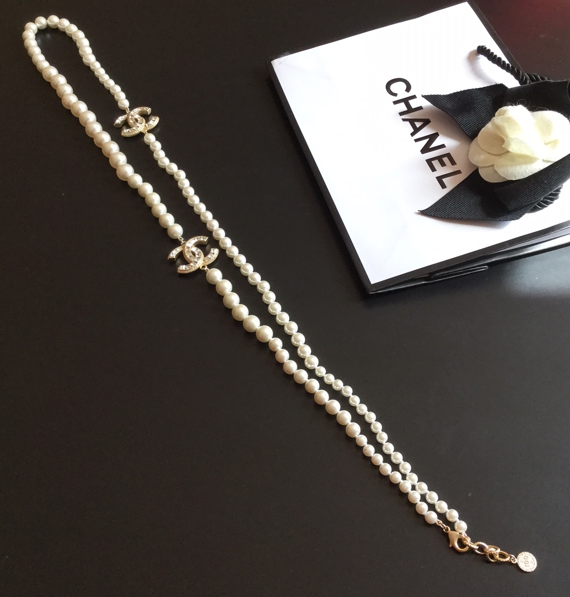 CHANEL PEARL Necklace 2 CRYSTAL Baguette CC Gold 100 Anniversary