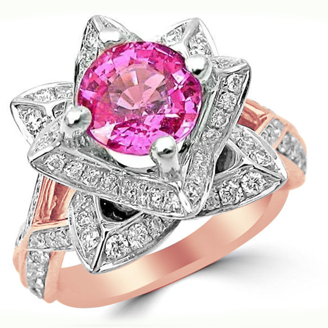 2.0 Ct Round Pink Sapphire & Sim.Diamond Lotus Flower Ring 14K Rose ...