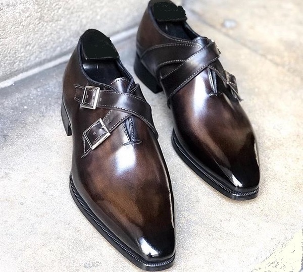 Men's Handmade Dark Brown Double Monk Leather Shoes, Men Dress Buckle Shoes